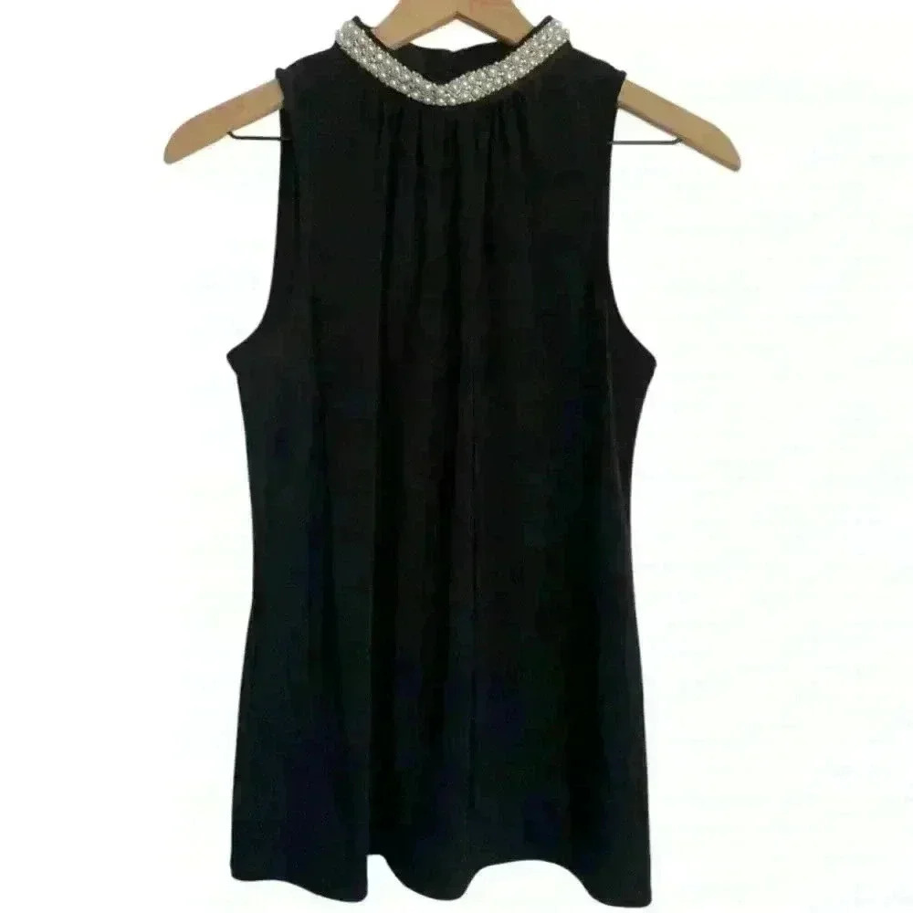 WHITE HOUSE BLACK MARKET‎ Black Sleeveless Faux-Pearl-Neck Top